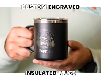 Personalized Coffee Mug • Custom Laser Engraving • Gifts for Grandparents • Engraved Mug with Lid • Gifts for Papa • Camping Mug • H12