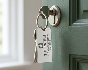 New Home Keychain, Realtor Closing Gift, Engraved Stainless Steel House Keychain, First Home Gift, Housewarming Gift, Address Keychain
