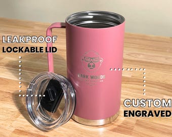 Custom Logo Engraved Mug, Coffee Addict Gift, Leakproof Travel Tumbler, Double Wall Insulated, Corporate Present, Durable BPA Cup • HPM32