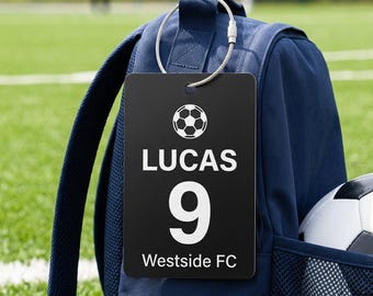 Soccer Bag Tag, Personalized Soccer Player Name Number Tag, Engraved Team Bag Tag, Soccer Team Gift, Coach Gift, End of Season