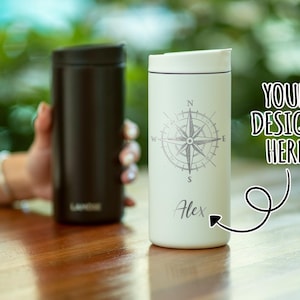 Tazza da viaggio personalizzata per le vacanze da 12 once, tazza da viaggio personalizzata, tazza sottile anti-rovesciamento, tazza da caffè piccola, tazza isolata con incisione laser • G12