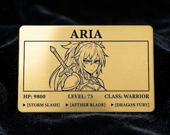 Aangepaste goudkleurige metalen ruilkaart Gepersonaliseerd portret Anime-stijl lasergegraveerd trainerscadeau
