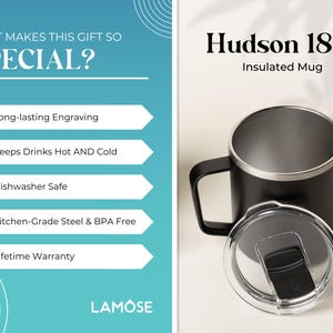 Black 18oz insulated stainless steel mug with clear lid. Features long-lasting engraving, keeps drinks hot/cold, dishwasher safe, BPA-free. Perfect personalized gift from Lamose.