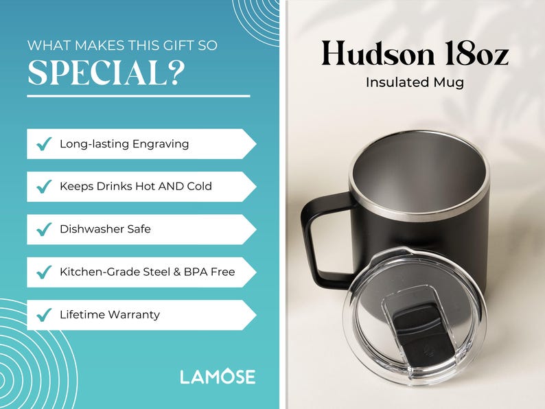 Black 18oz insulated stainless steel mug with clear lid. Features long-lasting engraving, keeps drinks hot/cold, dishwasher safe, BPA-free. Perfect personalized gift from Lamose.