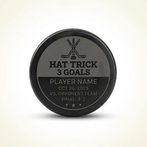 May include: A black hockey puck with a gray center. The center features crossed hockey sticks and the text "HAT TRICK 3 GOALS". Below, it reads "PLAYER NAME", "OCT 26, 2023", "VS. OPPONENT TEAM", and "FINAL: 4-2". Three stars are at the bottom.
