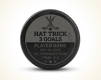 Hockey Season Personalized Hat Trick Hockey Puck, Custom Engraved 3 Goals Award, Hockey Player Achievement Gift, Stats Keepsake, Game Puck T