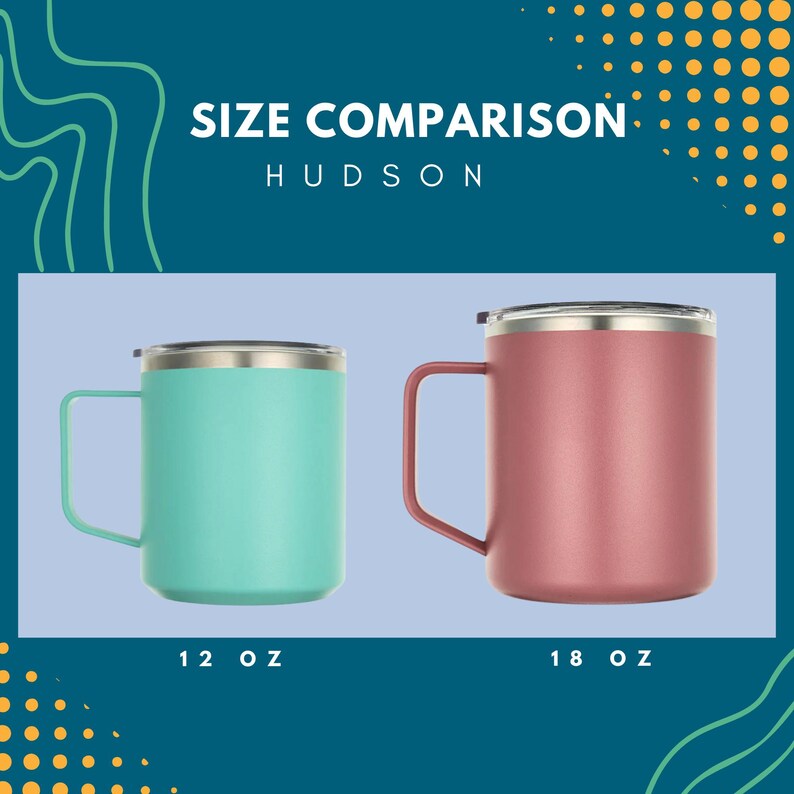 Two Hudson stainless steel tumblers, teal 12 oz and rose gold 18 oz, with lids and handles. Insulated travel mugs for hot or cold drinks. Perfect for coffee, tea, or water.