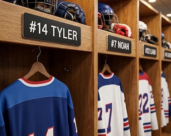 Hockey Locker Name Plates, Engraved Dressing Room Stall Name Tags, Team Locker Labels, Custom Player Name Number Plate, Coach Gift