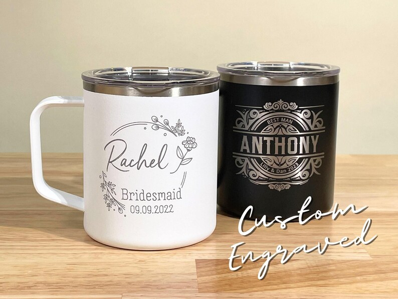 White & black custom engraved tumblers. Personalized Rachel Bridesmaid 09.09.2022 and Anthony Best Man Lilly & Dan 2023 tumblers, perfect for wedding party gifts. Stainless steel with clear lids.