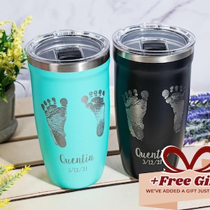 Baby Handprint Mug, Gifts For Dad, Custom Tumbler, Father&#39;s Day Present, Insulated Travel Cup, Newborn Memory Gift • P160FT