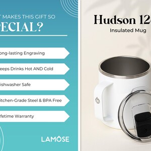 White Hudson 12oz insulated mug with logo, personalized engraving option. Made of kitchen-grade steel, BPA-free, dishwasher safe. Keeps drinks hot and cold. Lifetime warranty.