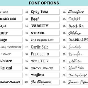 Font options list for custom vinyl decals, mugs, shirts, and signs. Includes popular fonts like Open Sans, Vintage, Moonface, and The Champione.
