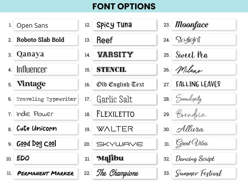 Font options list for custom vinyl decals, mugs, shirts, and signs. Includes popular fonts like Open Sans, Vintage, Moonface, and The Champione.