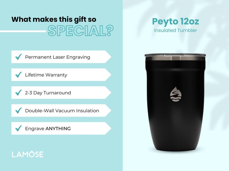 Black Lamose Peyto 12oz insulated tumbler with permanent laser engraving, lifetime warranty, and 2-3 day turnaround. Perfect custom gift for any occasion.