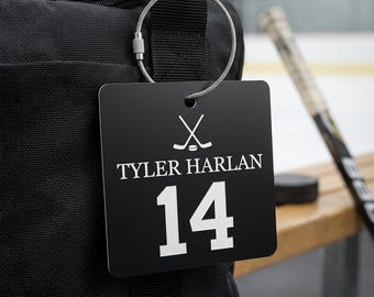 Hockey Bag Tag, Personalized Hockey Player Name Number Tag, Engraved Hockey Equipment Bag Tag, Team Gift, Hockey Coach Gift