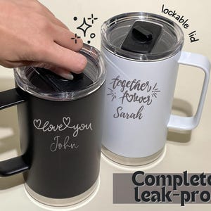 Personalized tumblers with lockable lids, I love you John and Together Forever Sarah custom text. Perfect for couples, gift for him, gift for her. Set of two.