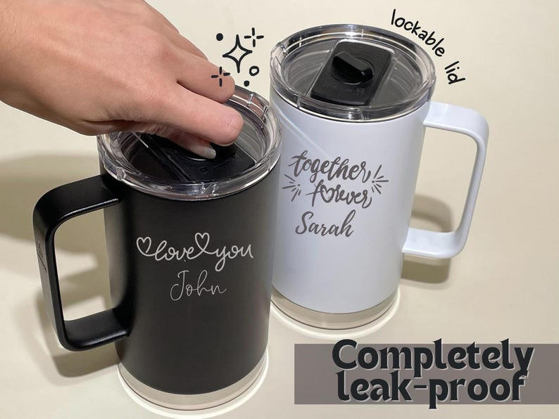Personalized tumblers with lockable lids, I love you John and Together Forever Sarah custom text. Perfect for couples, gift for him, gift for her. Set of two.