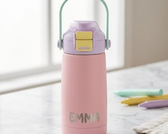 Personalized Kids Water Bottle 14oz Engraved | Protected Straw, Leak Proof, Back to School, Party Favor Gift