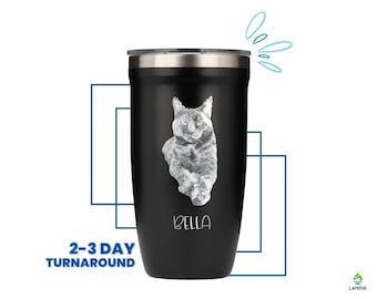 Pet Photo Engraved Tumbler • Personalized Coffee Tumbler 16 oz • Custom Travel Mug with Lid • Cat Picture Tumbler • P16