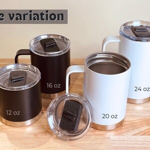 Assorted stainless steel tumblers with handles and lids in black and white, 12 oz, 16 oz, 20 oz, and 24 oz sizes. Perfect for hot or cold beverages, travel, and personalization.