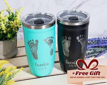 Vaso con huella de mano de bebé, regalo personalizado para papá, taza de recuerdo grabada personalizada, regalo sentimental para papá