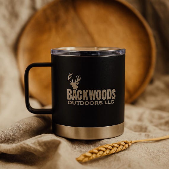 Custom Logo Coffee Mug, Personalized Outdoor Mug, Engraved Camp Travel Cup, Office Gifts, Insulated Handle, Corporate Presents HPM