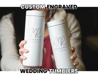 Custom Wedding Skinny Tumblers, Engraved Wedding Gift, Gifts for Bridesmaid, Groomsmen Gift, Gifts for Newlywed Couples • G16