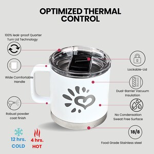 White insulated travel mug with heart design. Features leak-proof lid, comfortable handle, dual-barrier vacuum insulation. Keeps drinks cold for 12 hrs & hot for 4 hrs. Food-grade stainless steel. Perfect for on-the-go.