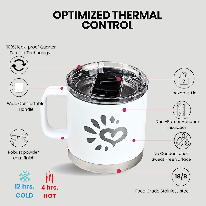 White insulated travel mug with heart design. Features leak-proof lid, comfortable handle, dual-barrier vacuum insulation. Keeps drinks cold for 12 hrs & hot for 4 hrs. Food-grade stainless steel. Perfect for on-the-go.