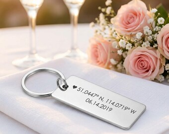 Coordinates Keychain, Anniversary Gift for Him Her, Engraved Stainless Steel Keychain, Date Keychain, Couple Gift, Personalized Keychain