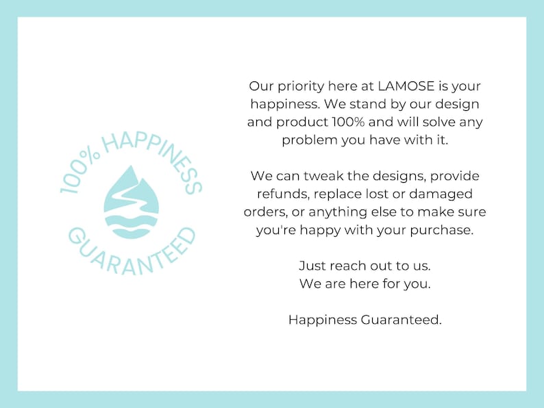 Handmade 100% Happiness Guaranteed watercolor mountain and river design sticker. Perfect for journaling, water bottles, laptops. Blue and white.