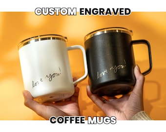 Handwriting Engraved Mug • Custom Design Coffee Mug • Anniversary Gifts • Gifts for Couples • Gifts for Him • Insulated Mug with Lid • H18