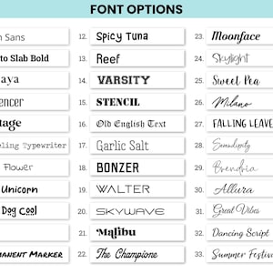 Font options for custom designs, featuring a variety of styles including script, bold, and playful fonts. Perfect for personalized gifts, signage, and crafts.