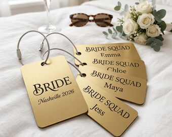 Bachelorette Luggage Tags, Engraved Bride Squad Bag Tag, Bridesmaid Gift, Bachelorette Party Favors, Personalized Travel Tag Set