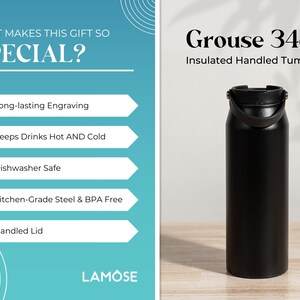 Black insulated 34oz tumbler with handle, Grouse engraved. Dishwasher safe, kitchen-grade steel, BPA-free. Keeps drinks hot and cold. Perfect personalized gift.