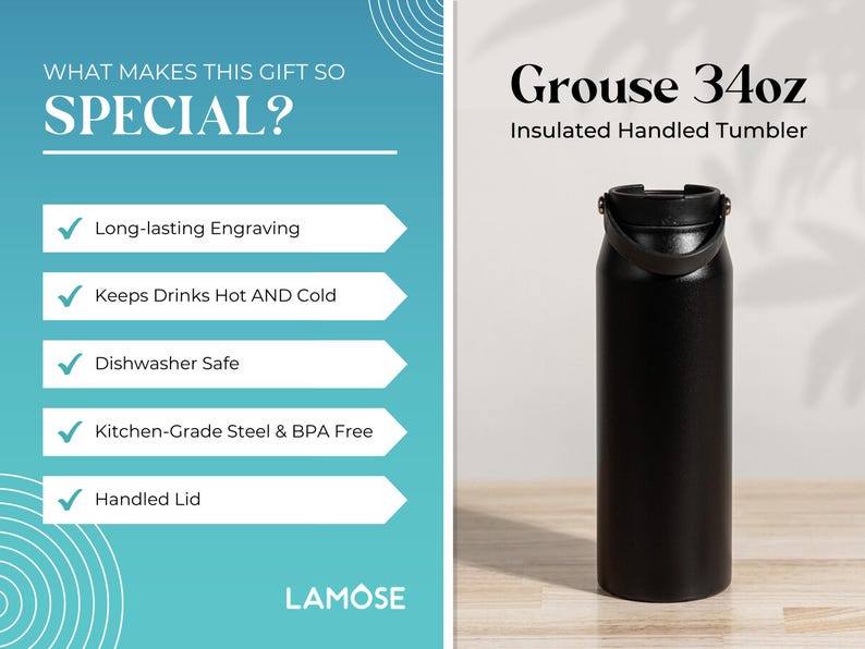 Black insulated 34oz tumbler with handle, Grouse engraved. Dishwasher safe, kitchen-grade steel, BPA-free. Keeps drinks hot and cold. Perfect personalized gift.