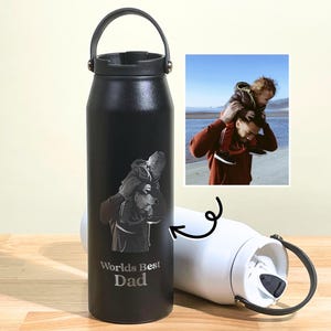 Personalized Photo Water Bottle Custom Engraved Gift for Dad, Stainless Steel Insulated Flask, Birthday