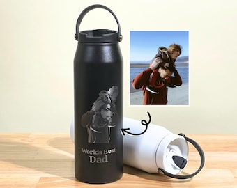 Personalized Photo Water Bottle Custom Engraved Gift for Dad, Stainless Steel Insulated Flask, Birthday