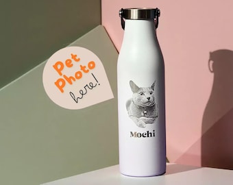 Pet Memorial Gift, Custom Pet Portrait Water Bottle, Personalized Engraved Stainless Steel Drinkware