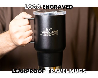 Custom Logo Travel Mug • Leakproof Insulated Mug • Laser Engraved Branded Mug • Tumbler with Handle • Thermal To-Go Mug • B24