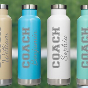 Coach Engraved Water Bottle, Personalized Gift, Insulated Stainless Steel, Custom Name Tumbler, Sports Team Present, Durable Hydration • M27
