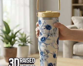 Blue Floral Stainless Steel Tumbler with Handle (40oz Insulated) 3D Texture Design