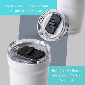 White insulated tumbler with leakproof twist-lock lid for on-the-go confidence. Perfect for hot or cold beverages. Built for Motion - Leakproof Twist Seal Lid text.
