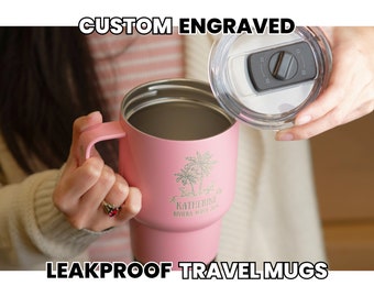 Custom Design Travel Mug • Personalized Camping Mug • Insulated Cup Holder Mug • Engraved Tumbler • Leakproof Mug with Lid • B24