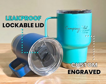 Custom Engraved Leakproof Mug • Logo Engraved Mug • Personalized Corporate Gifts • Insulated Camping Mug • Cupholder Travel Mug • B24