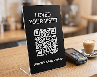 QR Code Sign for Business, Engraved Scan to Review Sign, Custom QR Code Counter Sign with Stand, Salon Cafe Menu Instagram Sign