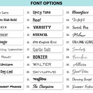 List of 33 font options for custom vinyl decals, signs, and t-shirts. Includes popular fonts like Open Sans, Varsity, and script styles.