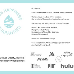 100% Happiness Guaranteed blue and white design with text about quality and renowned brands. Logos include Fairmont, Magic: The Gathering, CBS Studio Center, MIT, Hulu, Calgary Zoo, and more.