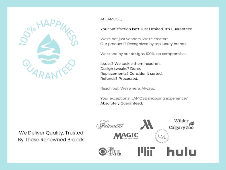 100% Happiness Guaranteed blue and white design with text about quality and renowned brands. Logos include Fairmont, Magic: The Gathering, CBS Studio Center, MIT, Hulu, Calgary Zoo, and more.