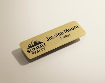 Custom Gold Name Tag with Logo - Personalized Real Estate Name Badge - Magnetic Backing - Laser Engraved Professional Office Staff ID